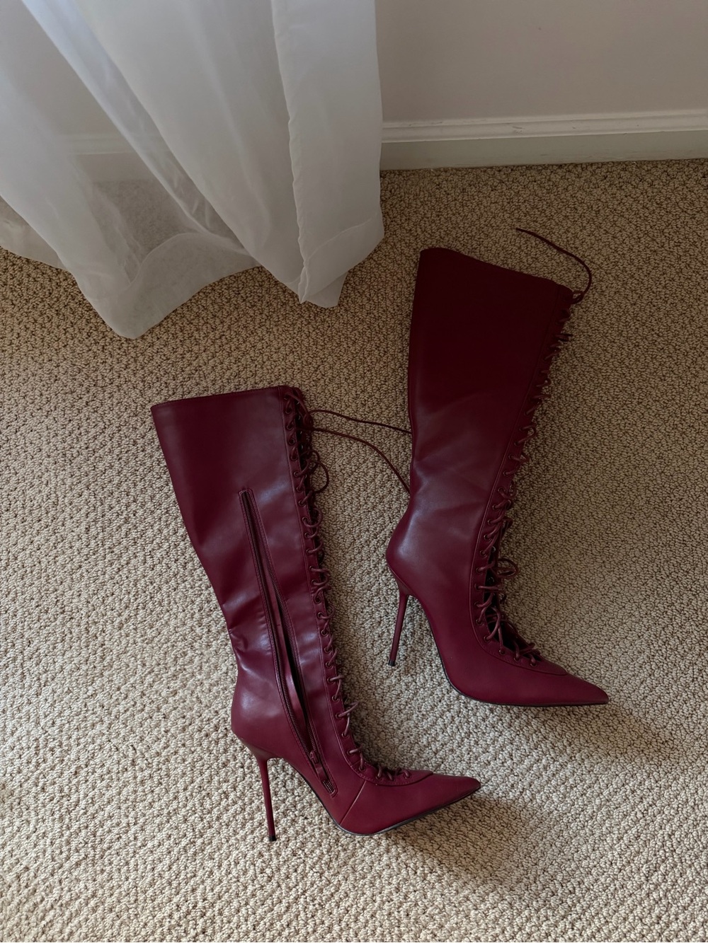 Fashion Nova Wine Lace-Up Stiletto Knee-High Boots